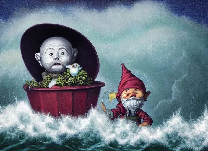 Image similar to a terrified garden gnome sailing in a bucket, background of raging ocean with huge waves on a stormy day with dramatic thunderhead clouds, an ultrafine detailed painting by mark ryden, trending on deviantart, pop surrealism, whimsical, lowbrow, rainy, perfect symmetrical face