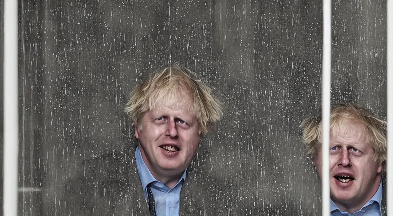 Image similar to a zoomed out photo taken from the inside of an old house, showing window blinds being pulled back to reveal a terrifying boris johnson with his unhinged face pressed against the window and his bloody hands placed on the window, horrifying grin. horror, raining, night time