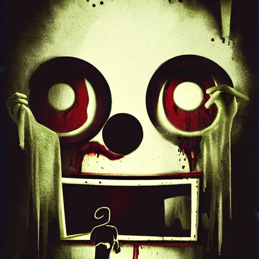 Image similar to a horror movie poster about a creepy animatronic, movie poster