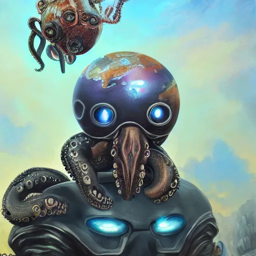 Prompt: steve harvey head on a cyborg octopus, conquering earth, epic battle scene, 8 k, sci - fi fantasy painting, highly detailed, digital painting, trending on artnet