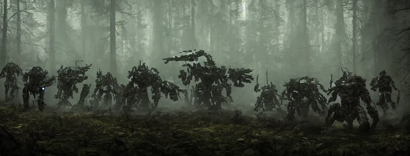 Image similar to image of deep forest with terrific and creepy mechwarriors with volumetric lights, running and hunting people, post - apocalyptic style, high detail, dramatic moment, motion blur, ground fog, dark atmosphere, saturated colors, by darek zabrocki, render in unreal engine - h 7 0 4