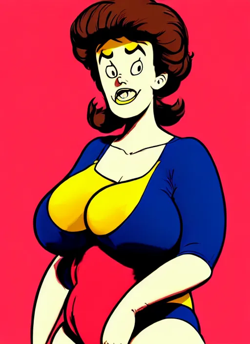 Image similar to the protagonist's mother, jolly, zaftig figure, plump, 1 9 8 0 s fashion, artgerm, artstation trending, archie comics and don bluth animation, in the style of jack kirby and alex toth, quixel megascan, digital 2 d, painterly style, flat illustration, high contrast