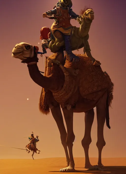 Image similar to portrait of a goblin as an arab riding a camel, trending in artstation, cinematic lighting, studio quality, smooth render, unreal engine 5 rendered, octane rendered, art style by klimt and nixeu and ian sprigger and wlop and krenz cushart.