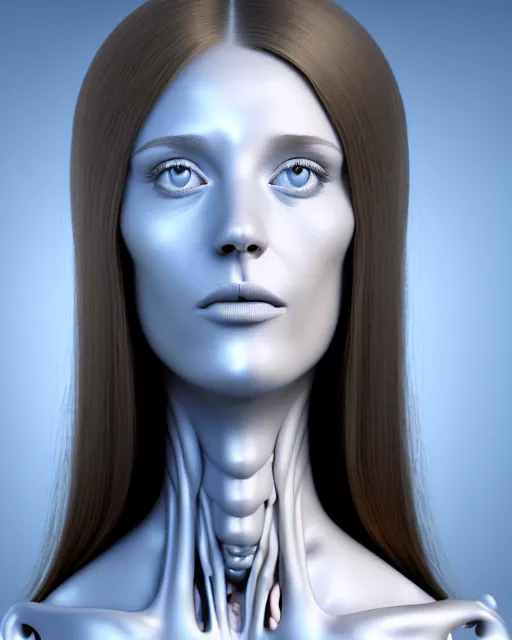 Image similar to 3D render of a beautiful profile face portrait of a young female angelic-extraterrestrial-cyborg face with a very long neck, big clear eyes, thin nose, big lips, hair floating in the wind, 150 mm, flowers, Mandelbrot fractal, anatomical, flesh, facial muscles, veins, arteries, full frame, microscopic, elegant, highly detailed, flesh ornate, elegant, high fashion, rim light, ray trace, octane render in the style of H.R. Giger Realistic, Refined, Digital Art, Pre-Raphaelite, Highly Detailed, Cinematic Lighting, rim light, black and white, photo-realistic Unreal Engine, 8K