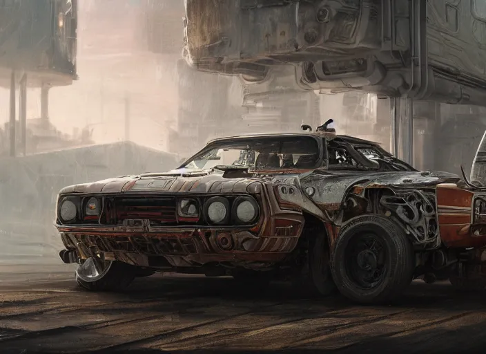 Prompt: detailed concept art illustration oil painting of a sci-fi muscle car in full intricate detail, ultra detailed, digital art, octane render, 4K, dystopian, micro details