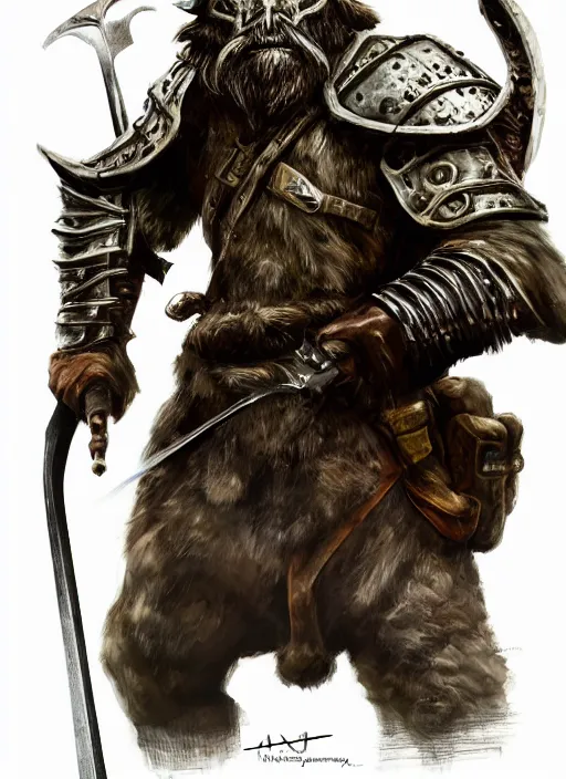 Image similar to strong young man, photorealistic bugbear ranger holding aflaming sword, black beard, dungeons and dragons, pathfinder, roleplaying game art, hunters gear, jeweled ornate leather and steel armour, concept art, character design on white background, by alan lee, norman rockwell, makoto shinkai, kim jung giu, poster art, game art