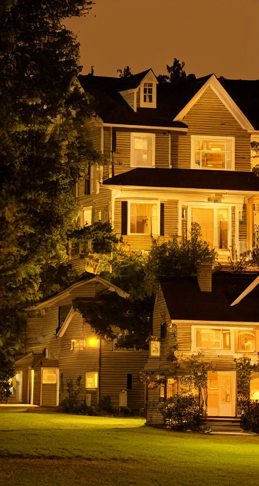 Prompt: a nostalgic photograph of a suburban home at night during summer