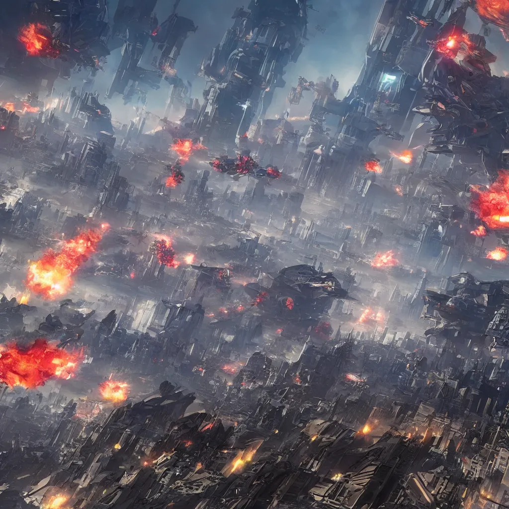 Image similar to [six giant futuristic scifi-bombers] in the center, [a baroque cyberpunk city skyline in the background], [explosions and fire]