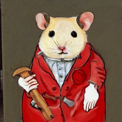 Image similar to an immortal dead hamster in a butcher's suit with an evil face, in an apron covered in blood, holding cleavers in his hands. the hamster has 4 arms. front view. old painting sketch