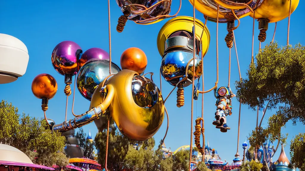 Image similar to large colorful futuristic space age metallic steampunk balloons with pipework and electrical wiring around the outside, and people on rope swings underneath, flying high over the beautiful disneyland in california city landscape, professional photography, 8 0 mm telephoto lens, realistic, detailed, photorealistic, photojournalism