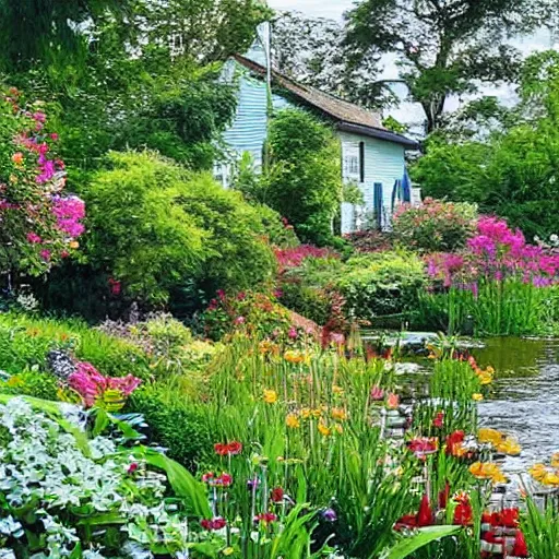 Image similar to A beautiful cottage with a lush front yard, with a flower patch and a flowing river in the style of Monet