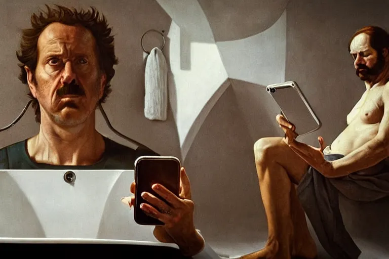 Image similar to hyperrealism aesthetic ridley scott and caravaggio and denis villeneuve style photography of a detailed giant, siting on a detailed ultra huge toilet and scrolling his smartphone in surreal scene from detailed art house movie in style of alejandro jodorowsky and wes anderson