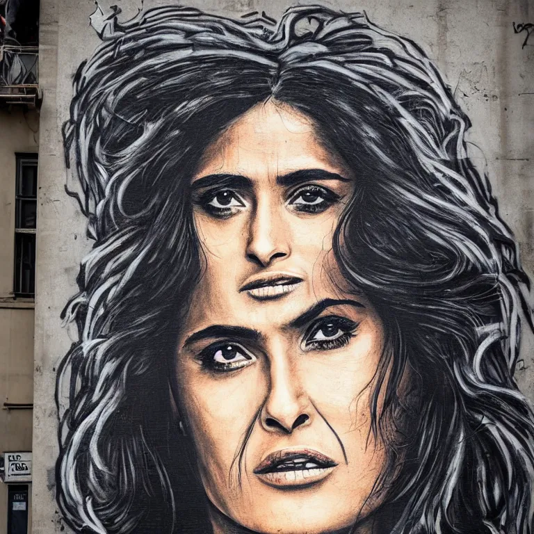 Image similar to Street-art portrait of Salma Hayek in style of Banksy, long hair like a waves around the face, photorealism, Sony a7R