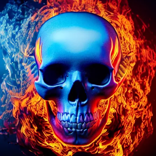 Prompt: a highly detailed human skull with intricate designs with fire for eyes on fire in front of a neon blue background, 3 d, colorful, octane render, symmetrical, hyper realism, highly detailed, digital art, artstation, concept art, cinematic lighting, strong bokeh, trending