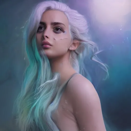 Prompt: a beautiful + blonde + dragon queen + white hair + cool vr glasses + holding pistol + tights + ana de armas, floating under the deep dream water, beautiful smooth soft light + white petal, oil paint, cinematic lighting, anorld render, unreal engine 5, 4 k, highly detailed, instagram,