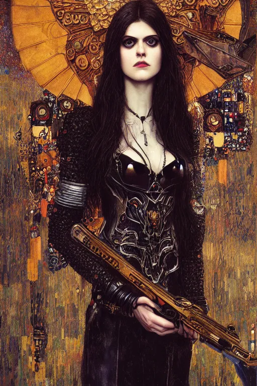 Image similar to portrait of beautiful gothic Alexandra Daddario, cyberpunk, Warhammer, highly detailed, artstation, illustration, art by Gustav Klimt