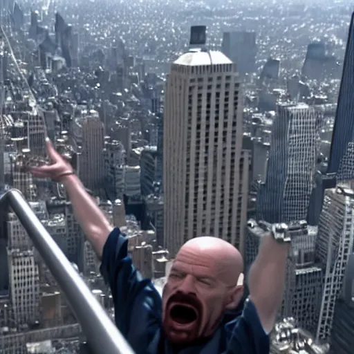 Image similar to walter white screaming at spider man on top of the empire state building, 4 k, realistic, very detailed