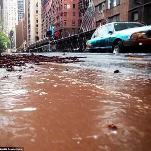 Image similar to new york city abandoned, rain with chocolate liquid, flooding with chocolate melting liquid