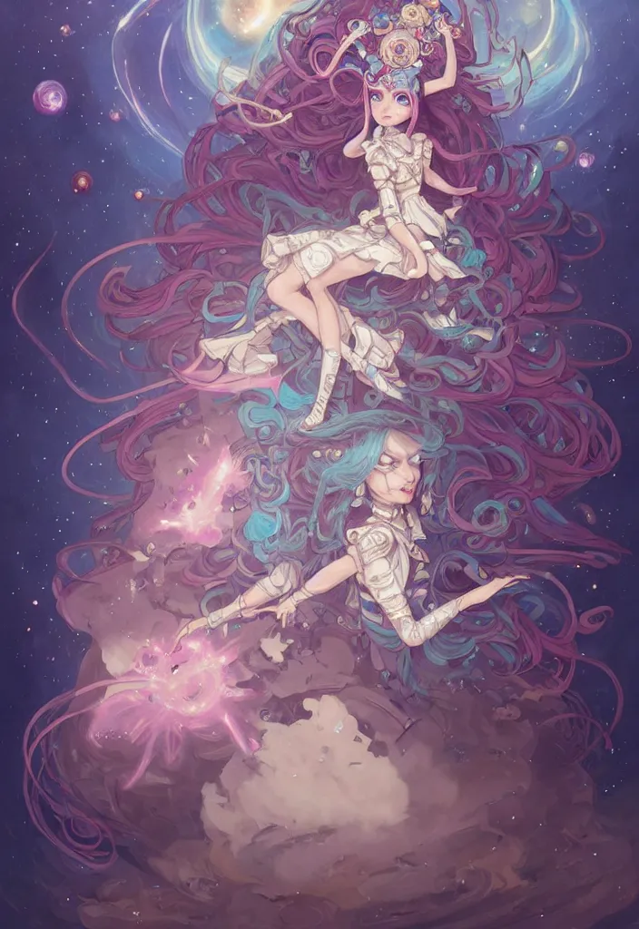 Image similar to full body picture of an maximalist dress magical girl, neat hair with bangs, smug face, extremely beautiful and aesthetic and detailed cute face and eyes, wipe out evils with cute astronaut familiar sprites, aming the magical beams to the camera, chiaroscuro, intricate, masterpiece, epic fantasy illustrations by peter mohrbacher and anato finnstark and jeremy lipking