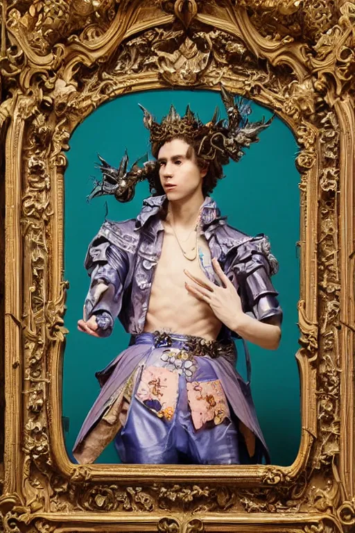 Image similar to full-body baroque and cyberpunk style sculpture of a young handsome Spanish prince half android with a chest opening exposing circuitry and blue electric sparks, glowing pink laser eyes, crown of peach roses, flowing teal-colored silk, fabric, flowers. baroque elements, human skull. full-length view. baroque element. intricate artwork by caravaggio. many many birds birds on background. Trending on artstation, octane render, cinematic lighting from the right, hyper realism, octane render, 8k, depth of field, 3D