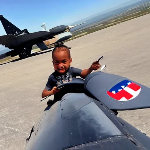 Image similar to Selfie of child joyriding in stolen fighter jet