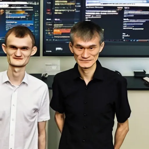 Image similar to picture of vitalik buterin and satoshin nakamoto in front of a computer