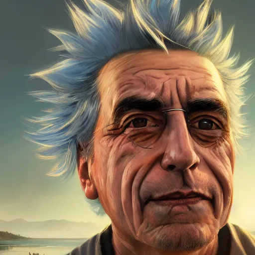 Image similar to rick sanchez closeup portrait, dramatic light, lake background, 2 0 0 mm focal length, painted by stanley lau, painted by greg rutkowski, painted by stanley artgerm, digital art, trending on artstation