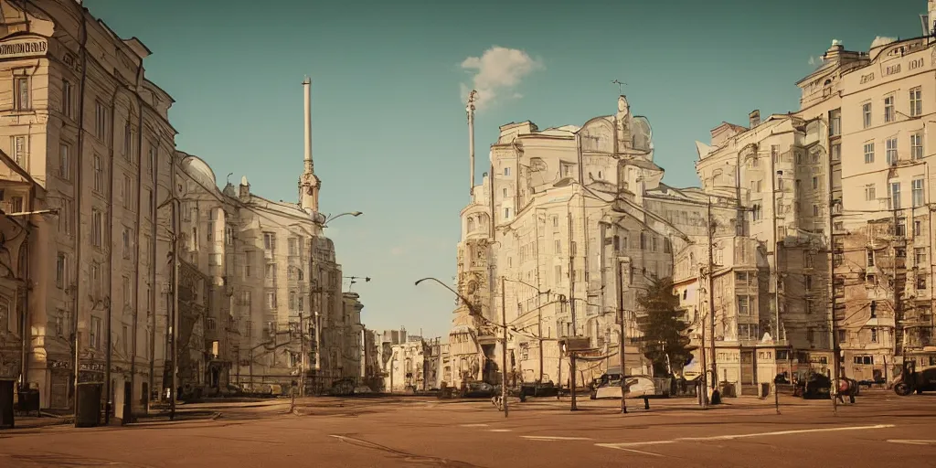 Prompt: cinematic street shot of a city on mars, aelita, phalanster, saint petersburg city, telephoto, anamorphic cinematography, beautiful composition, color theory, leading lines, photorealistic, moody volumetric lighting