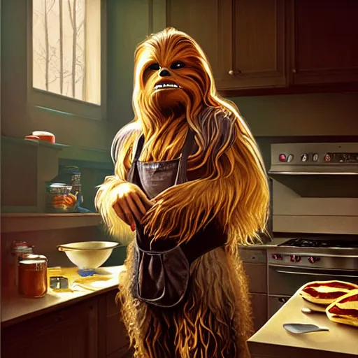 Prompt: portrait of chewbacca wearing an apron making pancakes in a 1 9 7 0 s kitchen, intricate, headshot, highly detailed, digital painting, artstation, concept art, sharp focus, cinematic lighting, illustration, art by artgerm and greg rutkowski, alphonse mucha, cgsociety