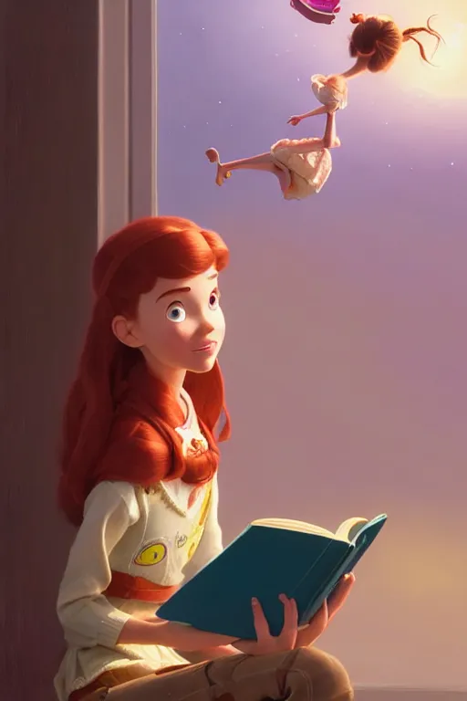 Image similar to highly detailed portrait of beautiful girl reading a book in toy story 3, detailed hands, dynamic pose, stephen bliss, unreal engine, fantasy art by greg rutkowski, loish, rhads, ferdinand knab, makoto shinkai and lois van baarle, ilya kuvshinov, rossdraws, tom bagshaw, global illumination, radiant light, detailed and intricate environment