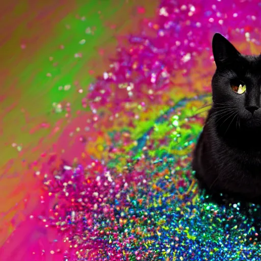 Prompt: a high - quality photo of a black cat sprinkled with ( ( rainbow ) ) glitter, highly detailed, photorealistic, f 2. 8, in - frame, sharpened, sparkly