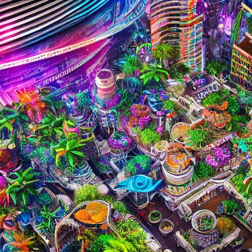 Image similar to colorful jungle city, digital art, cosmic, 3 d high definition, trending on art station, photorealistic, high resolution, v 8 k, octane, hyper detailed, insane details, intricate, elite, ornate, elegant trend, highly detailed and intricate, sharp focus, photography, unreal engine