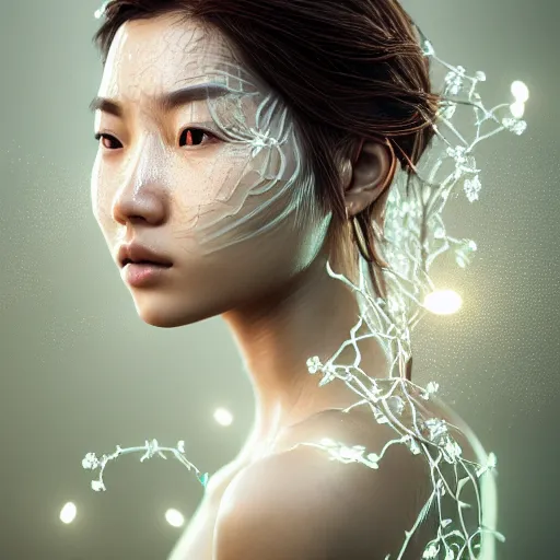 Image similar to intricate highly detailed face portrait of asian - european woman, light mint water vines on her face, intricate, cgsociety, unreal engine, octane render, sharp focus, smooth, volumetric lighting, cinematic composition, artstation