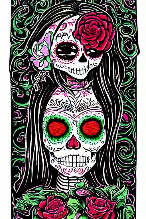 Prompt: Illustration of a sugar skull day of the dead girl, art by robert williams