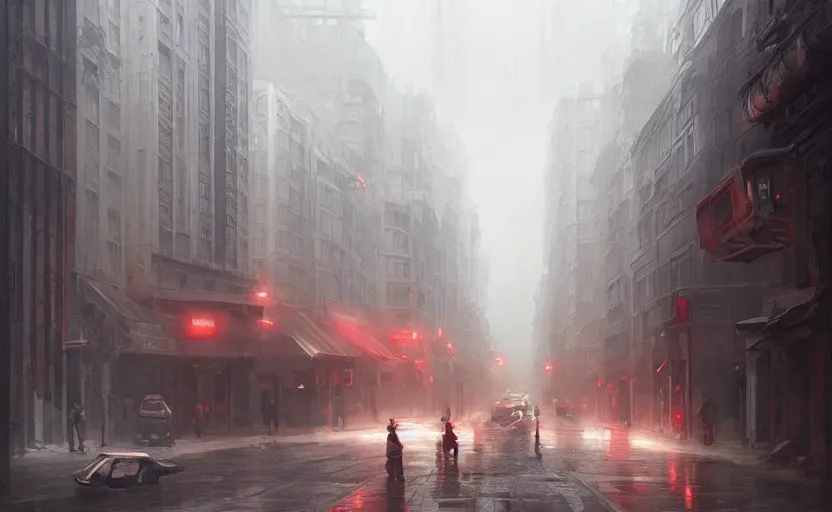 Prompt: city street, soft grey and red natural light, intricate, digital painting, artstation, concept art, smooth, sharp focus, illustration, art by greg rutkowski and luis rollo and uang guangjian and gil elvgren, symmetry!