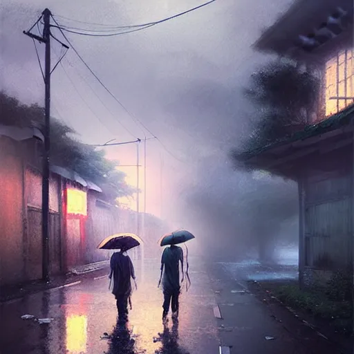 Image similar to walking around dilapidated ikeshima island, nagasaki, japan. volumetric lighting, rain, spring night, dark overcast weather, realistic illustration, perfectly shaded, soft painting, art by krenz cushart and wenjun lin