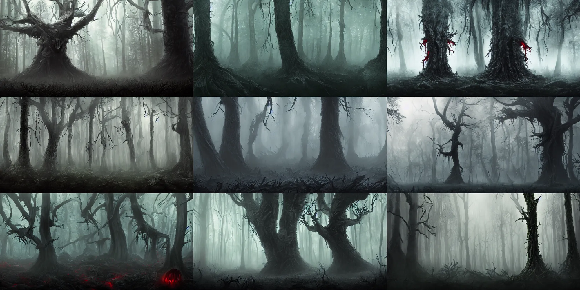 Prompt: dark forest shrouded in mist, a tree with bloody fanged mouth gaping open fangs visible, forbearing, oppressive, epic composition, digital art, concept art, 4 k, highly detailed