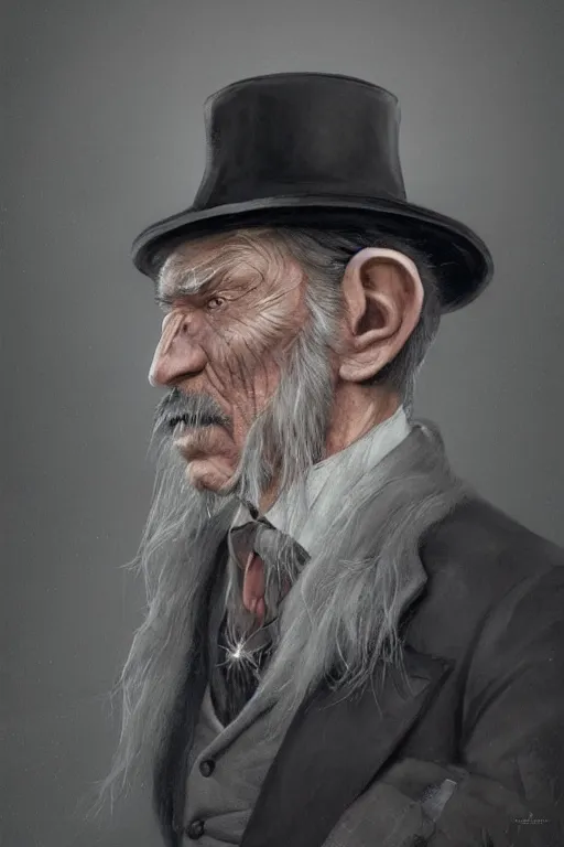 Prompt: A fancy portrait of a grey hair old halfling with stubble top hat and suit by Greg Rutkowski, Sung Choi, Mitchell Mohrhauser, Maciej Kuciara, Johnson Ting, Maxim Verehin, Peter Konig, Bloodborne, 8k photorealistic, cinematic lighting, HD, high details, dramatic, dark atmosphere, trending on artstation