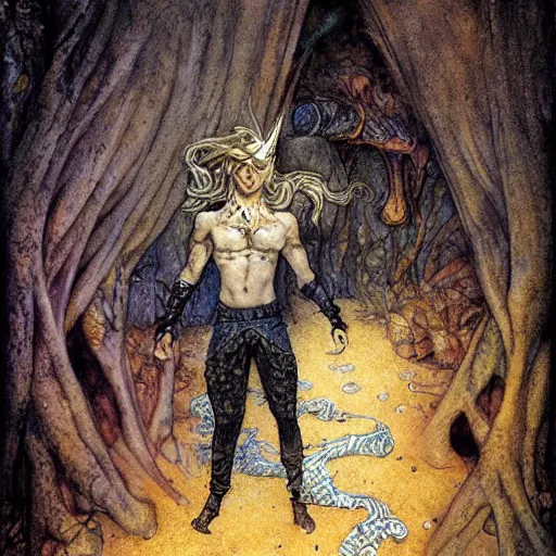Prompt: The Prince of Thieves, illustration by Michael Whelan and John Bauer and Brian Froud, fantasy art, visionary art, acrylic painting, tone mapping