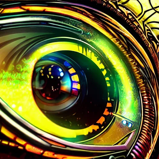 Image similar to Cybernetic Eye with intricate reflections and circuits, colorful, fantasy, vivid colors, concept art, sharp focus, digital art, Hyper-realistic, 4K, Unreal Engine, Highly Detailed, HD, Dramatic Lighting by Brom, trending on Artstation