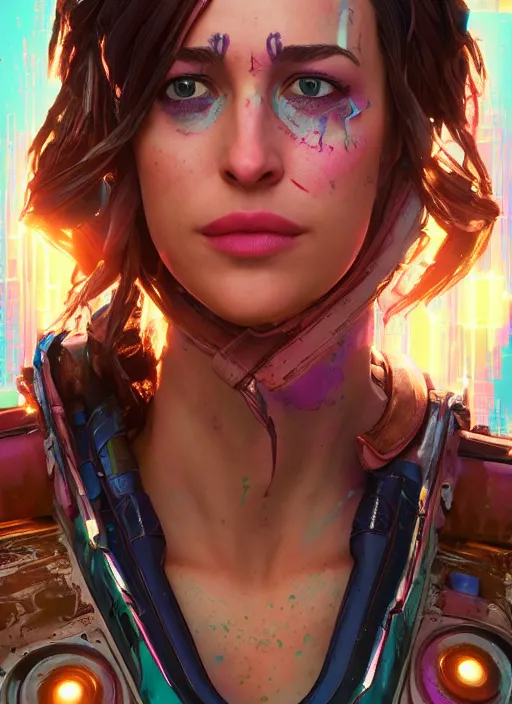 Image similar to glowwave portrait of dakota johnson from borderlands 3, au naturel, hyper detailed, digital art, trending in artstation, cinematic lighting, studio quality, smooth render, unreal engine 5 rendered, octane rendered, art style by klimt and nixeu and ian sprigger and wlop and krenz cushart.