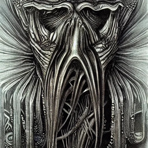 Image similar to the monster that lurks in the depths, hr giger, sinister