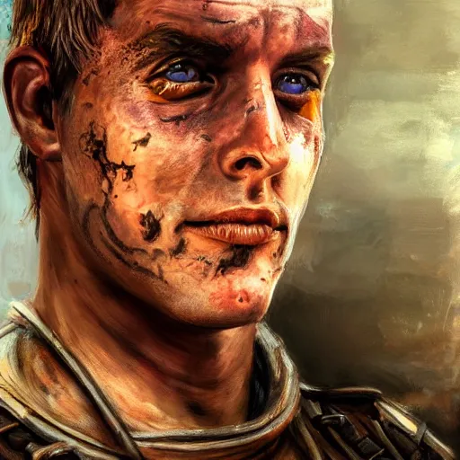 Image similar to realistic portrait painting w. ith hysterical bts member as mad max, made by michelangelo, physical painting, sharp focus, digital art, bright colors, fine art, trending on artstation, unreal engine.