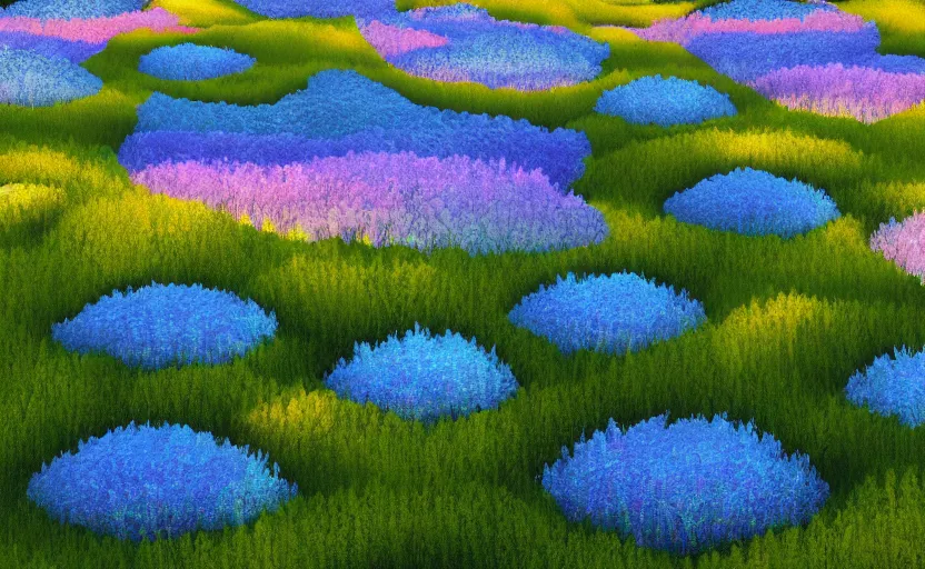 Image similar to mountain landscape in summer, flowers, trees, blue landscape, dreamy light, sunny, floating particles, complementary palette, by and jacek yerga and jesse king, pop surrealist, wiccan, unreal engine, bokeh, detailed