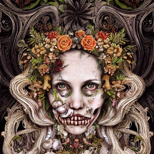 Prompt: a beautiful detailed front view baroque portrait of a rotten woman corpse with fractal plants and fractal flowers and mushrooms growing around, intricate, symmetrical, ornate, bones, art nouveau style