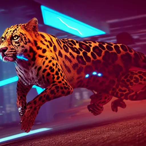 Image similar to a neon cyberpunk cyborg jaguar animal pouncing, octane render