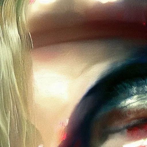 Image similar to Elle Fanning, extremely detailed masterpiece, hyper-realism, oil on canvas, low-key neon lighting, artstation, Blade Runner 2049, Roger Deakin’s cinematography, by Dennis Wojtkiewicz,