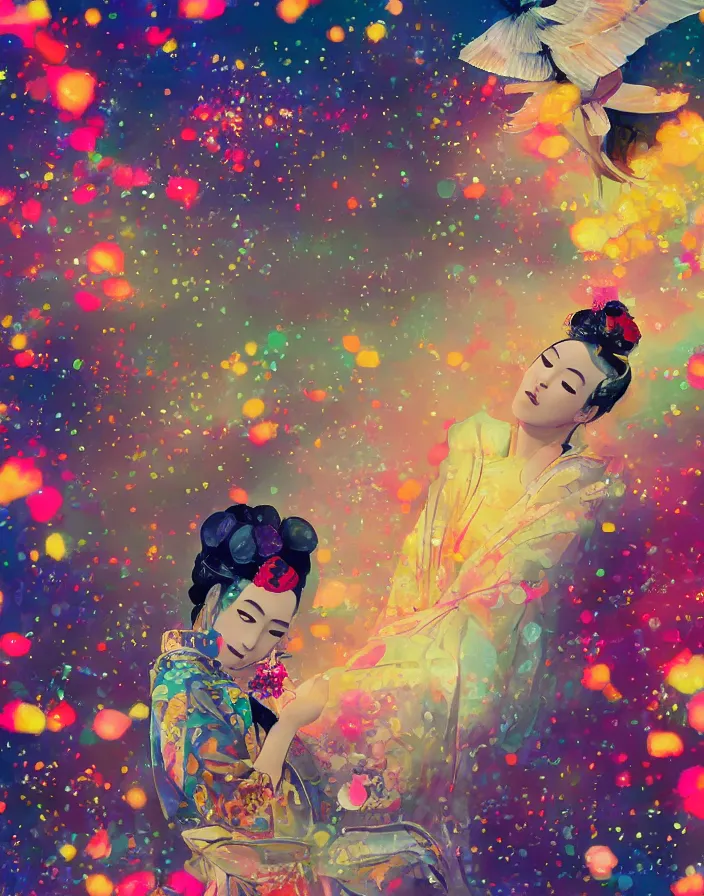 Image similar to semi semi realistic digital painting!! beautiful geisha flying over a colorful train yard, dramatic, xray melting colors!! long lens, shallow depth of field, bokeh, 8 k, 3 5 mm film grain