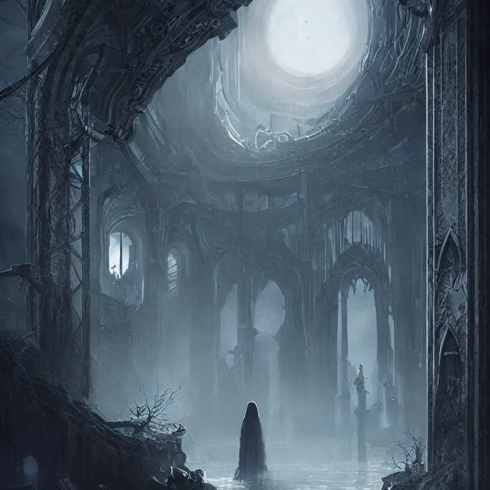 Image similar to gazing through the ominous dark etherial archway to the pitch black void, dark midnight, quiet and serene atmosphere, cg society contest winner, intricate high detail matte painting masterpiece