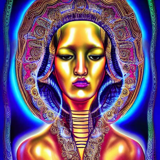 Image similar to cinematic photo of golden godess portrait in the style of Alex grey and davinci